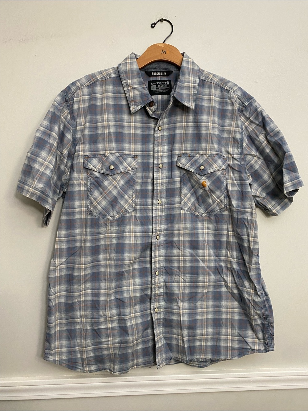 Men’s Carhartt Rugged Flex Blue Plaid Pearl Snap Short Sleeve - XL